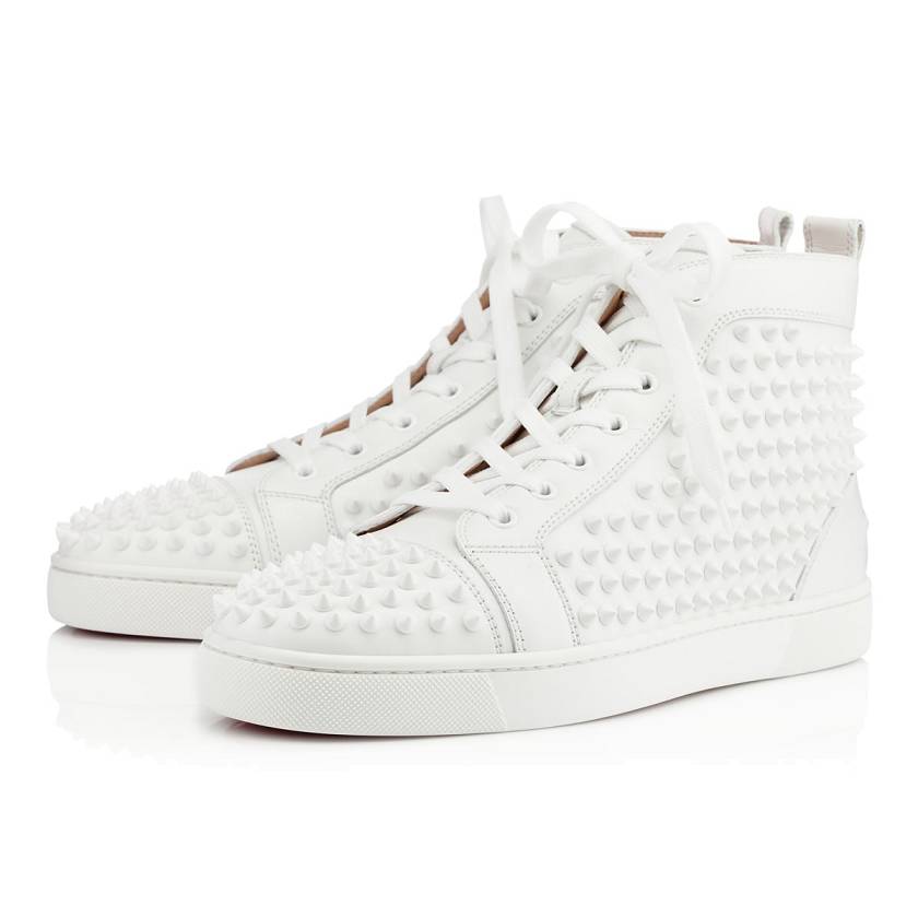 Men's Christian Louboutin Louis Spikes Leather High Top Sneakers - White/White [5764-021]